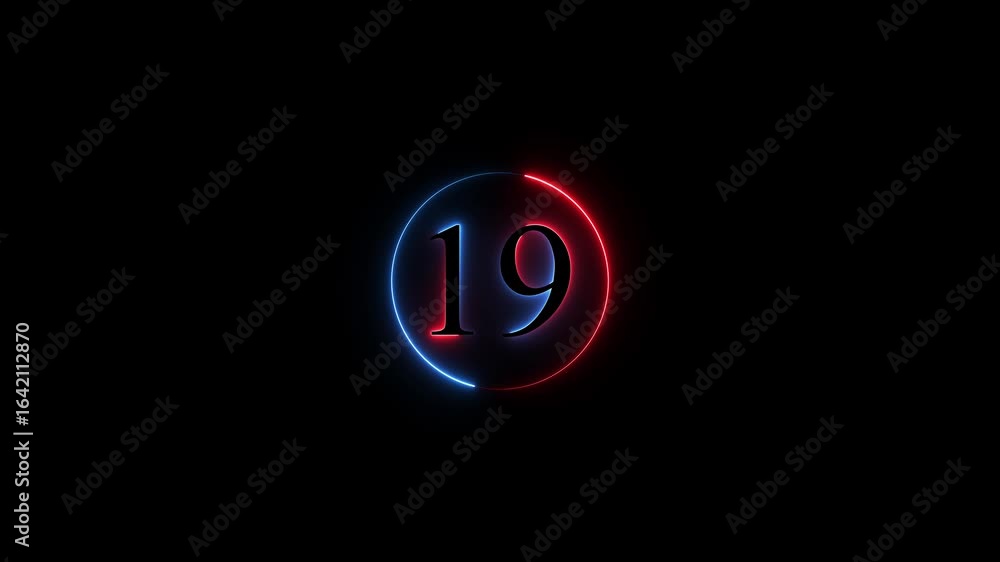 Poster number 19 neon sign style flashing. abstract glowing neon text 19 number countdown icon animation on