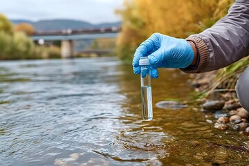 Scientist collecting river water sample for testing and analysis