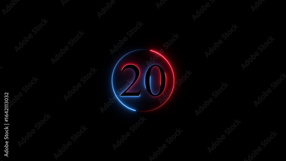 Poster number 20 neon sign style flashing. abstract glowing neon text 20 number countdown icon animation on