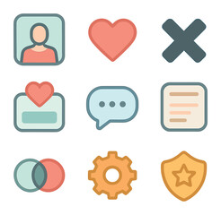 Dating App Icons. Flat icon set of dating app screens: profile photo, like heart, pass cross, match