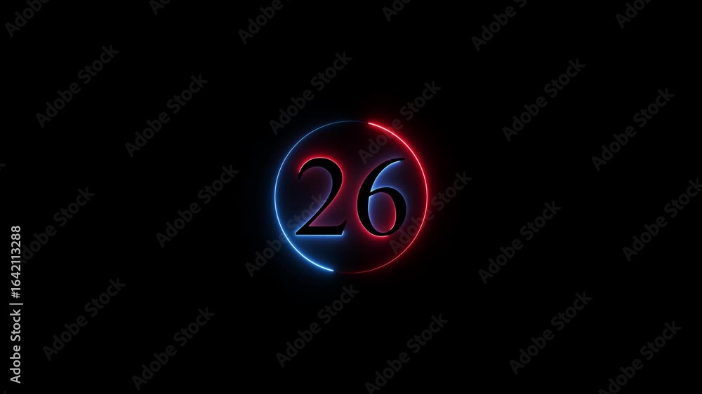 Poster number 26 neon sign style flashing. abstract glowing neon text 26 number countdown icon animation on