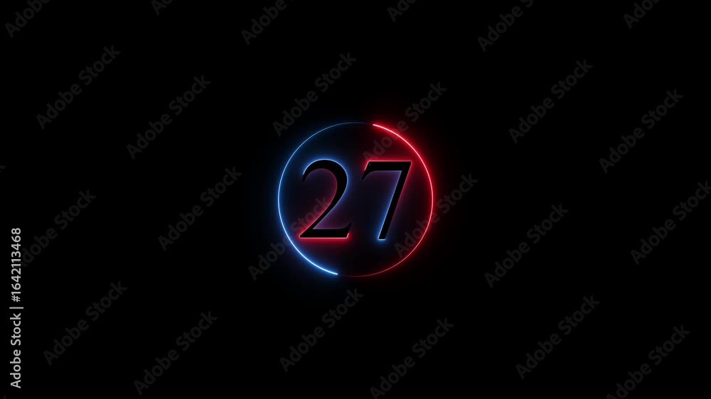 Poster number 27 neon sign style flashing. abstract glowing neon text 27 number countdown icon animation on