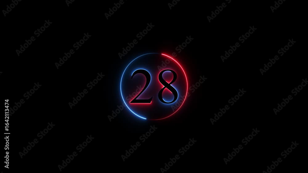 Poster number 28 neon sign style flashing. abstract glowing neon text 28 number countdown icon animation on