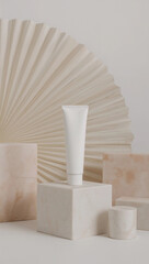 Luxurious blank white moisturizing cream tube container on rustic stone podium with minimalistic studio decoration background, cosmetic product mockup, hand cream scrub tube branding and promotion ad