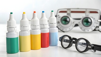 Eye exam equipment including colorful eye drops, glasses, and phoropter on white surface