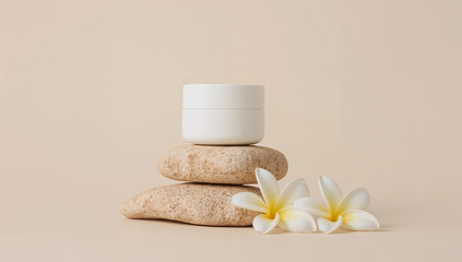 Elegant blank white moisturizing cream jar container on earthy stone with frangipani flowers on beige background, cosmetic product mockup, facewash, hand cream scrub branding and advertising template