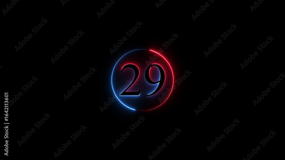 Poster number 29 neon sign style flashing. abstract glowing neon text 29 number countdown icon animation on