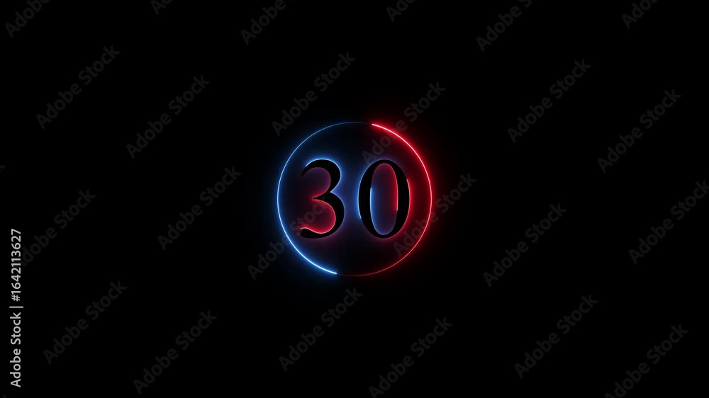 Poster number 30 neon sign style flashing. abstract glowing neon text 30 number countdown icon animation on