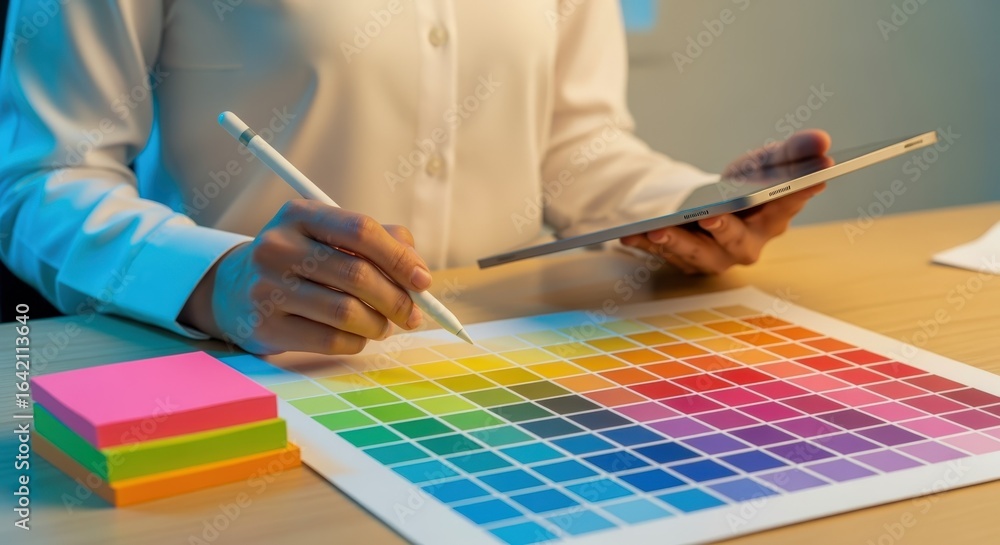 Poster Graphic Designer Working with Color Palette and Digital Tablet for Creative Project Development