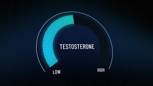 Animated testosterone level gauge moving from low to high, male health presentation, digital meter display screen with pointer, abstract health and medical dashboard, hormone indicator, copy space