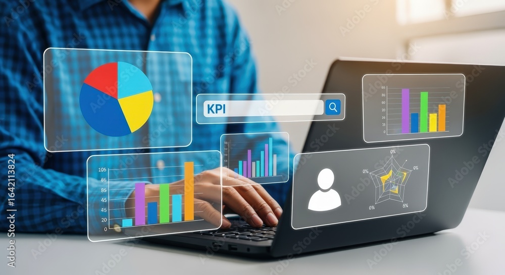 Poster analyzing key performance indicators: a businessman reviews data on laptop with graphical interface 