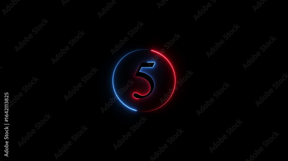 Poster number 5 neon sign style flashing. abstract glowing neon text 5 number countdown icon animation on b