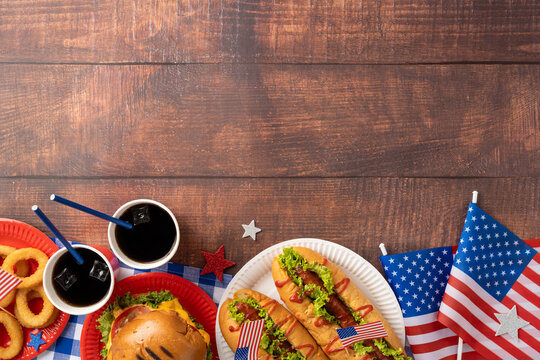 Labor Day and Independence Day celebration with patriotic theme, featuring American dishes and decoration. A backyard party concept for family and friends with food and festive elements
