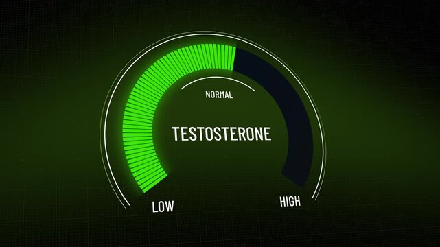 Animated testosterone gauge, digital meter presentation moving from high red to normal healthy green level, man health concept, wellness indicator display, abstract motion infographic