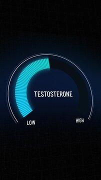 Animated testosterone meter rising from low to high level, digital presentation, diagram indicating hormone level increase, medical data visualization, motion graphics, Copy space