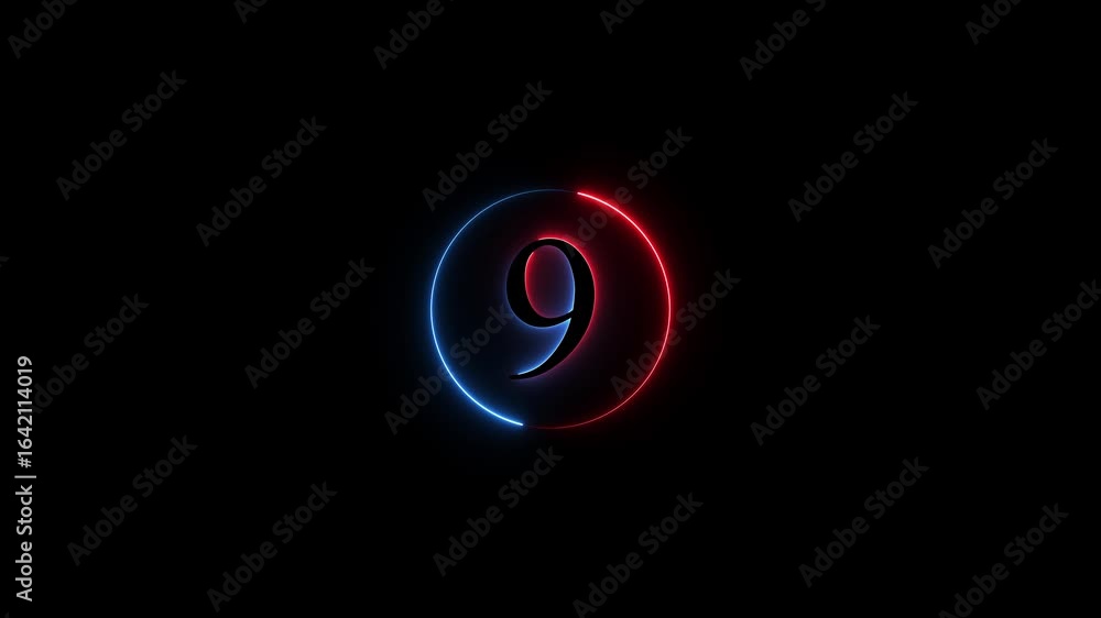 Poster number 9 neon sign style flashing. abstract glowing neon text 9 number countdown icon animation on b