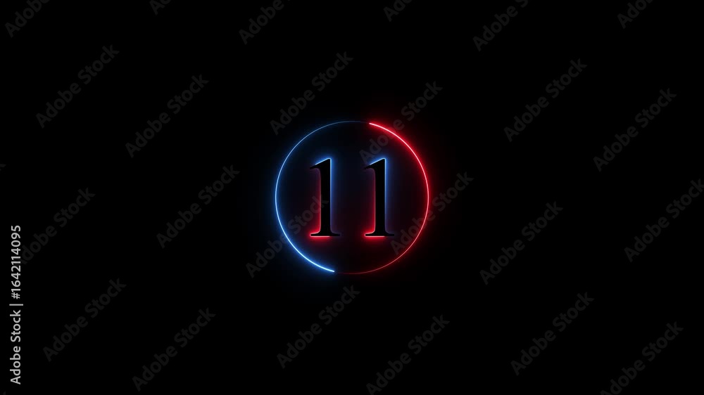 Poster number 11 neon sign style flashing. abstract glowing neon text 11 number countdown icon animation on