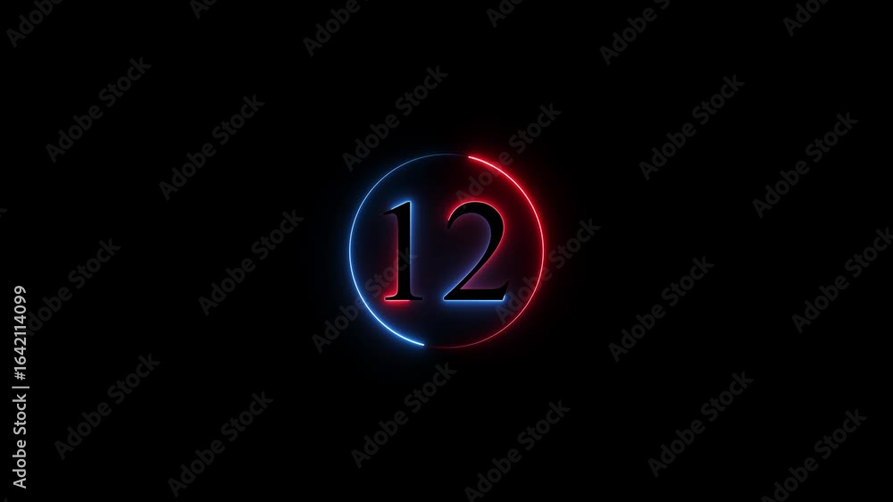 Poster number 12 neon sign style flashing. abstract glowing neon text 12 number countdown icon animation on