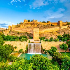 Fortress and fountain at sunset