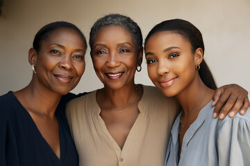 Portrait of three generations of beautiful African-American women, grandmother, mother and granddaughter, copy space