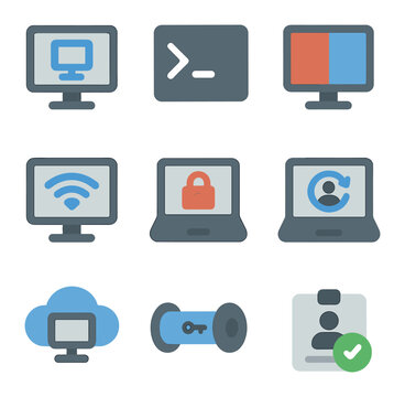 Remote Access Icon Set. Flat icon set of remote access systems: RDP icon, SSH terminal, VNC viewer, desktop