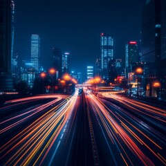 Fototapeta premium Night Cityscape Long Exposure Car Light Trails Between Urban Buildings, traffic, urban