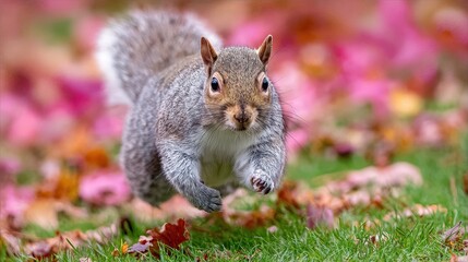 Fototapeta premium A dynamic gray squirrel dashes forward, its gaze fixed, against a backdrop of vibrant autumn colors.