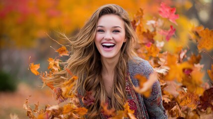 A joyful woman basks in the vibrant hues of autumn, playfully interacting with the falling leaves amidst a beautiful scene of the fall season.