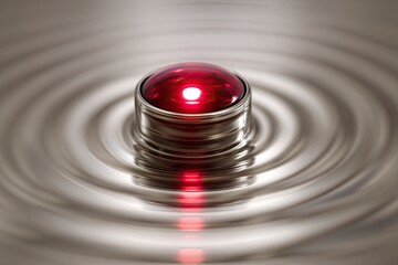 Red gem in a metallic container on rippled surface.
