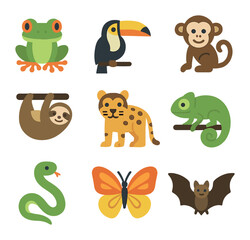 Obraz premium Jungle Creature Icons. Flat icon set of jungle creatures: tree frog, toucan, monkey, sloth, jaguar, chameleon,