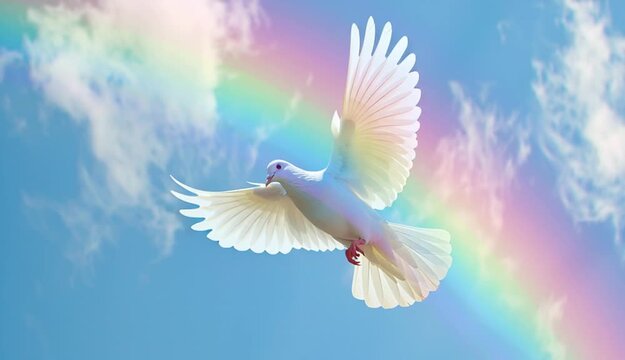 white dove flying in blue sky rainbow