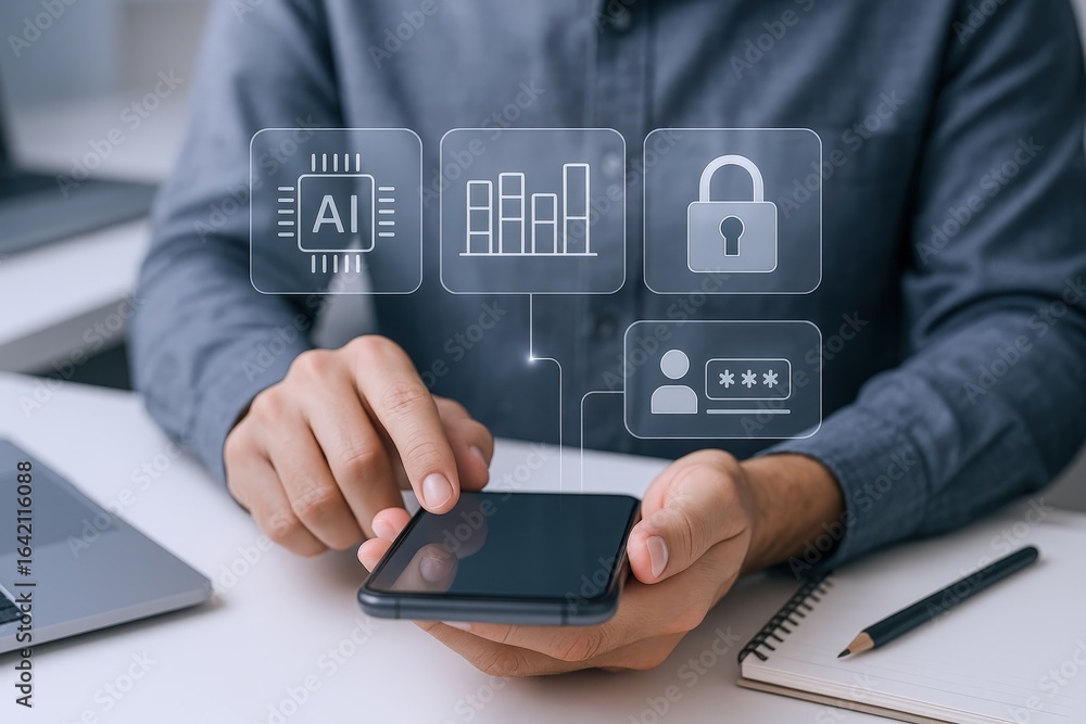 Poster man uses smartphone with ai, security, statistics and user access icons, visualizing data protection