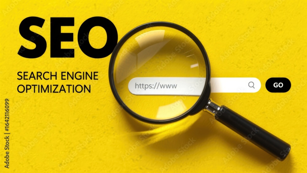 Poster search engine optimization concept: magnifying glass focuses on website address on yellow background