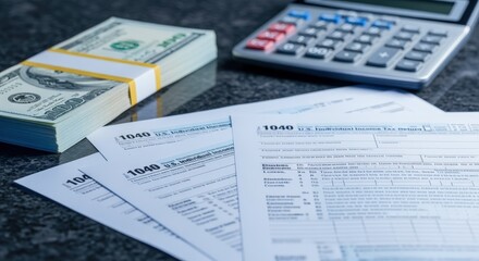 Tax Preparation: Dollar Bills, Tax Forms, and Calculator for Financial Planning and Return Filing