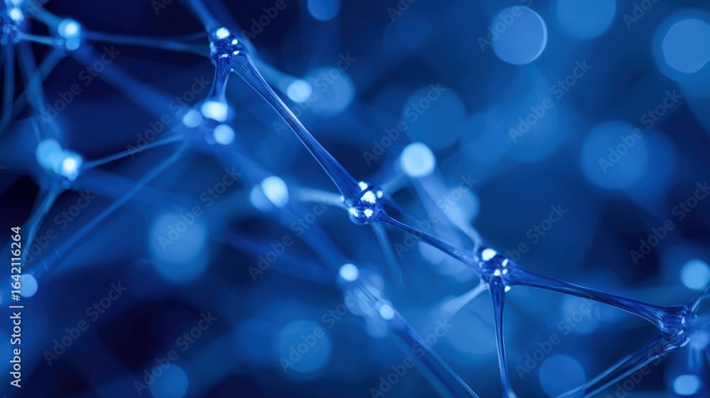 Poster abstract molecular structure network in blue tones - interconnected nodes for science or technology 