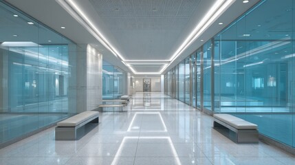 Obraz premium Modern Office Building Interior with Glass Walls and Bright Lighting, Featuring Sleek Design and Architecture