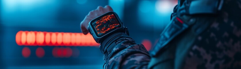 Soldier Checks Data on Smartwatch, Sci-Fi , Technology