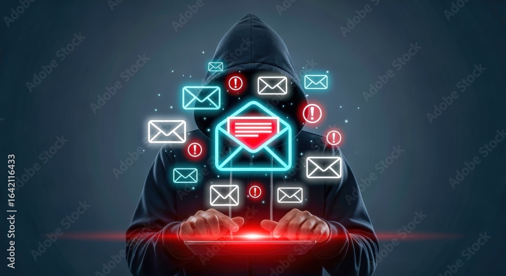Poster cybersecurity threat: anonymous hacker sending spam emails, representing phishing attacks and data b