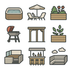 Rooftop Amenities Icons. Flat icon set of rooftop amenities: jacuzzi, lounge chairs, parasol, rooftop garden,