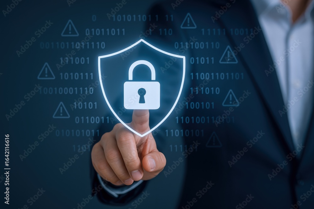 Aufkleber cybersecurity expert activates digital protection system with a touch interface, securing online dat