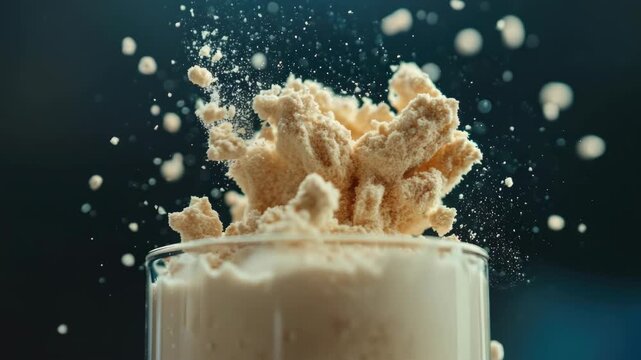 A small amount of powdered sugar being poured into a glass. The sugar is falling and creating a cloud of particles.