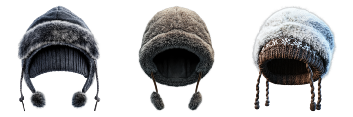 Set of winter headgear isolated on transparent background