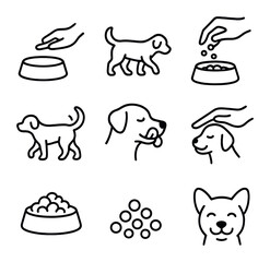 Pet Feeding Icons. Outline icon set of pet feeding moment: bowl fill, pet approach, food drop, tail wag,