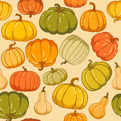 Autumn pumpkins seamless vector pattern. Pumpkin patch, thanksgiving decoration