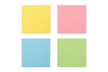 Four colorful sticky notes on transparent background for easy isolation