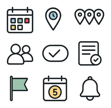 Schedule Icons Grid. Outline icon set of schedule coordination: color-coded calendar, clock pins, event tags,