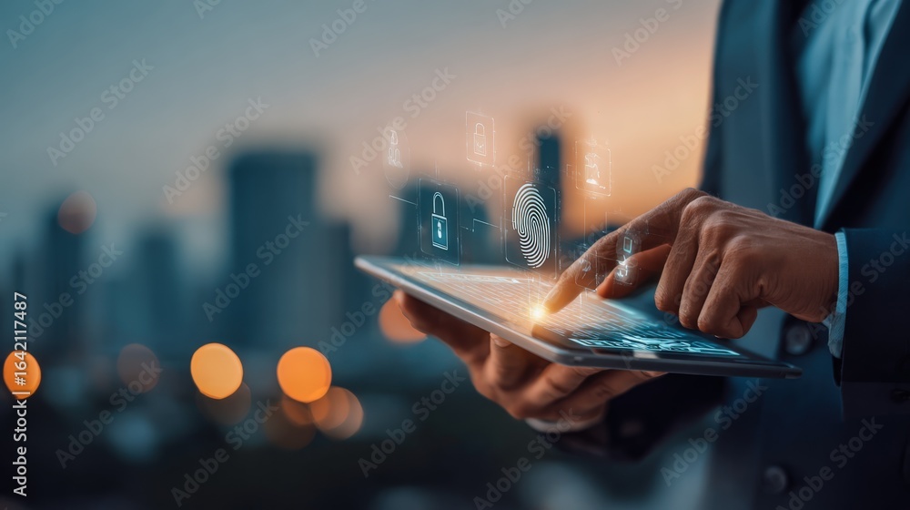 Poster businessman using tablet with digital security features for secure data access and authentication