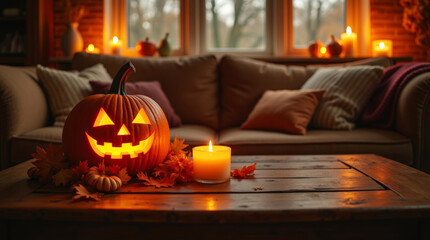 Obraz premium Close-up of rustic Halloween table setup with glowing Jack-o-lanterns and burning candles