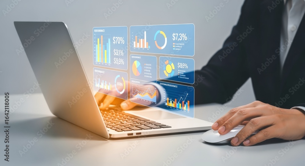 Aufkleber analyzing financial data on laptop: a businessman reviewing interactive dashboard displaying busines