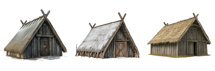 Set of Viking longhouse isolated on transparent background